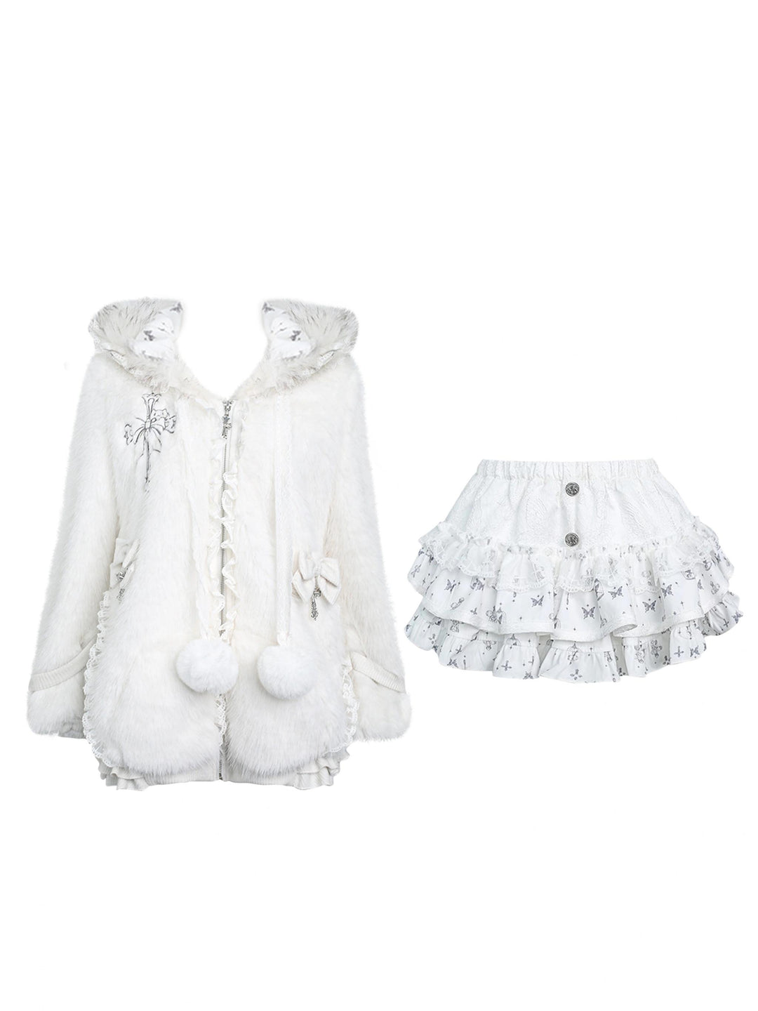 Subculture Winter Coat White Plush Cat Ear Coat And Tiered Skirt 41122:692082