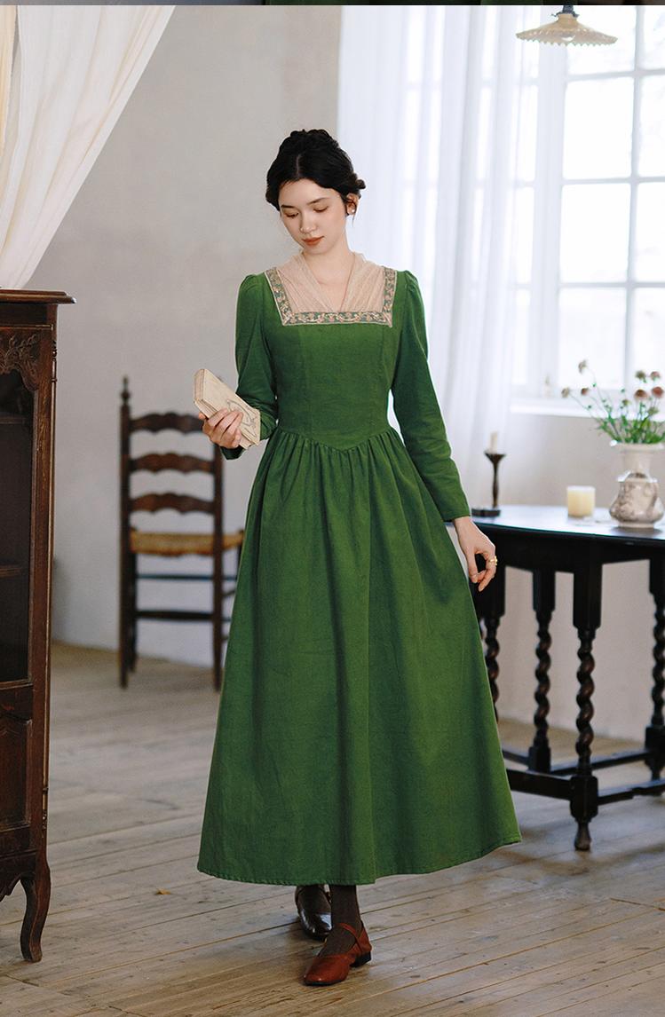 Retro Prom Dress Green Elegant Corduroy Court Dress 42200:732876