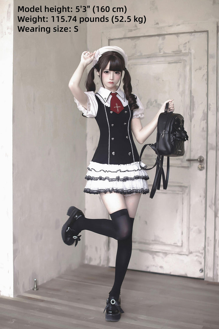 Preppy Style Low-Waist Dress Set, Cross Details 44746:823836