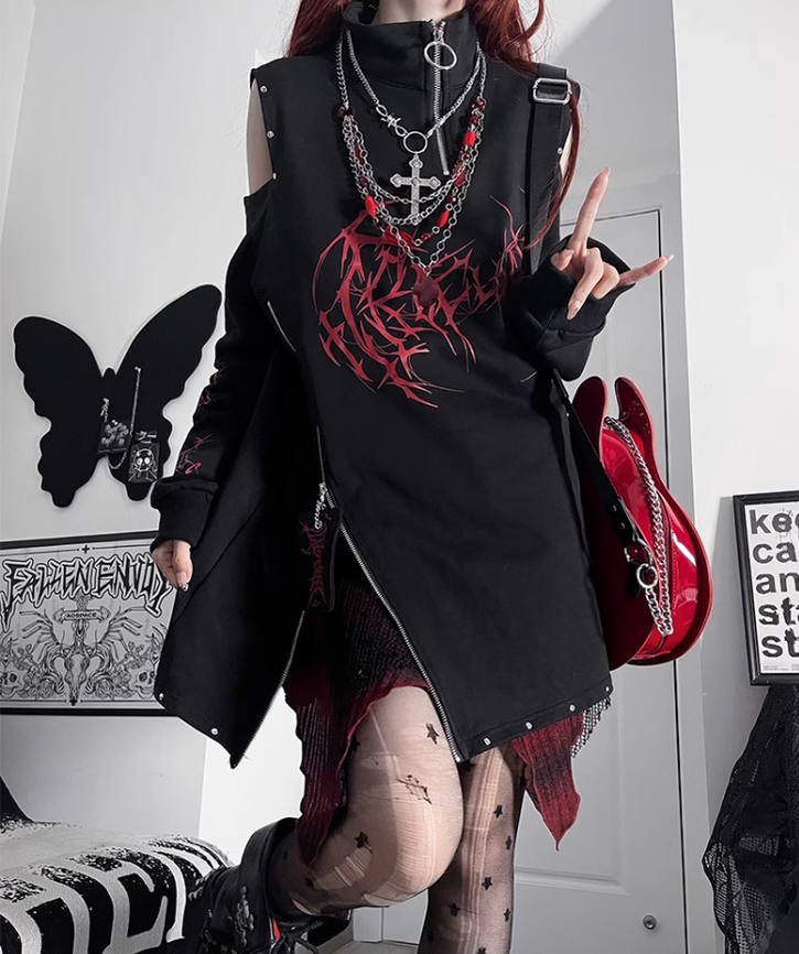 Subculture Cotton Sweatshirt, Open-Shoulder 43874:789276