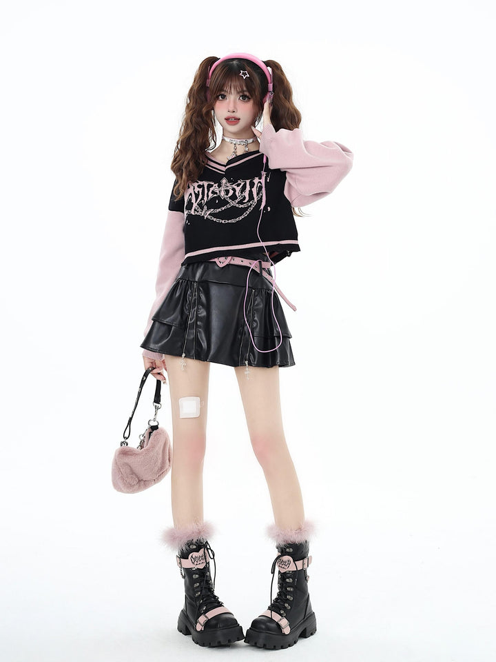 Y2K Sweater Gyaru V-neck Black-Pink Sweater For Winter 41790:716582