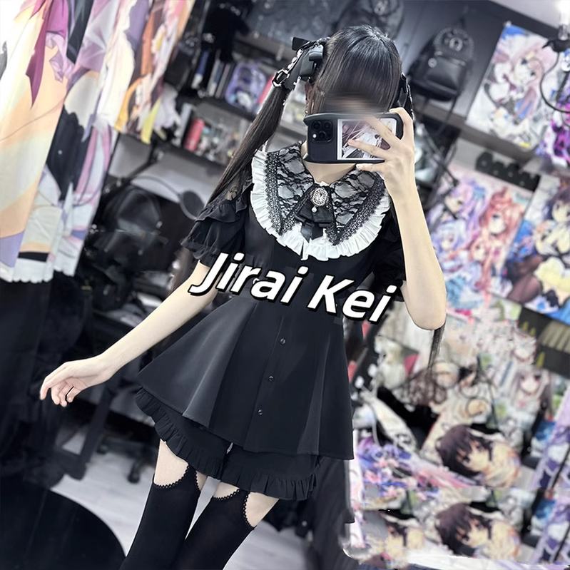 Jirai Kei Outfit Set Black Lace Dress And Shorts Set 39504:628774