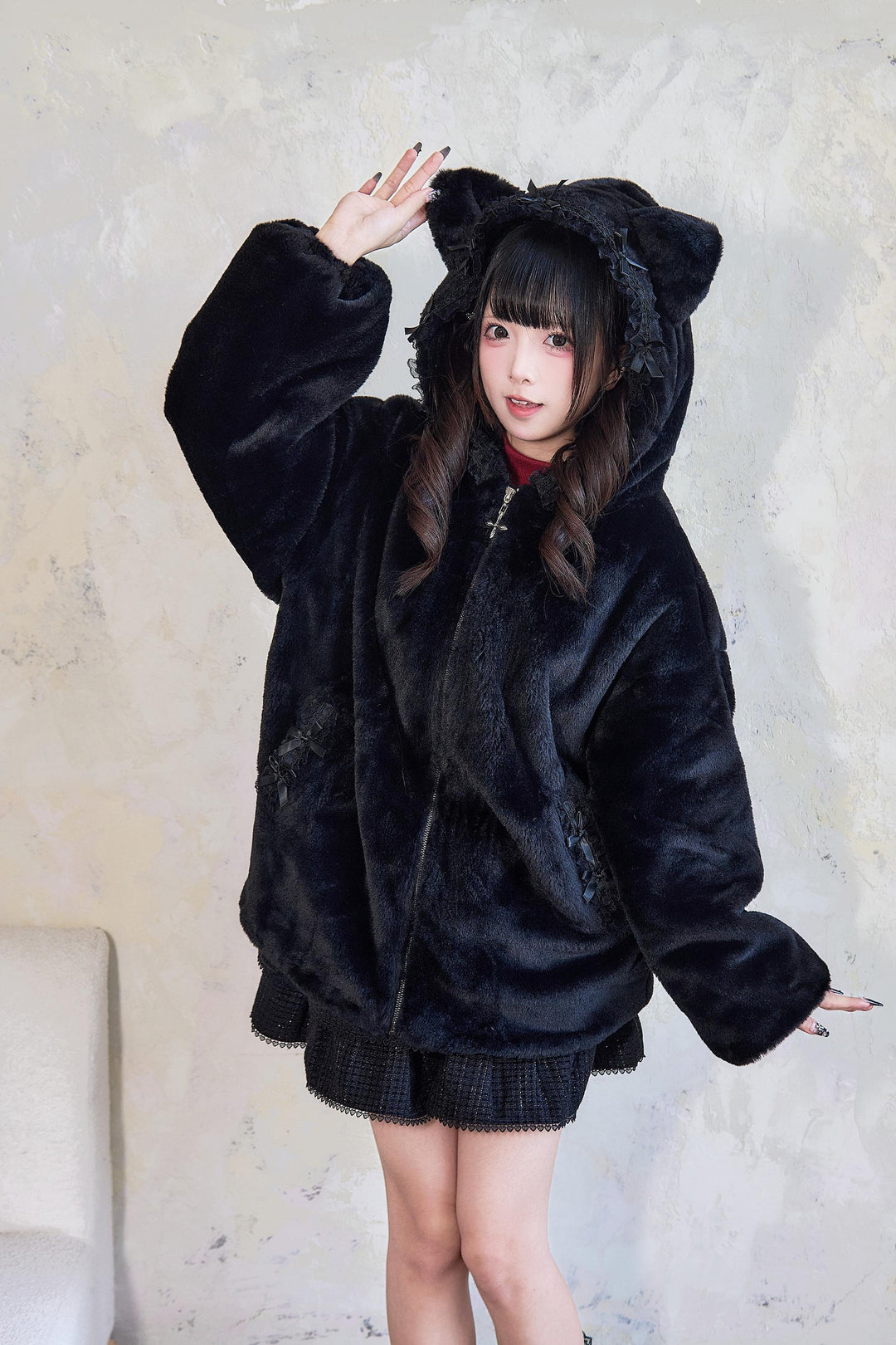 Jirai Kei Winter Coat Fleece Cat Ear Hooded Lace Bows Coat 41408:698058