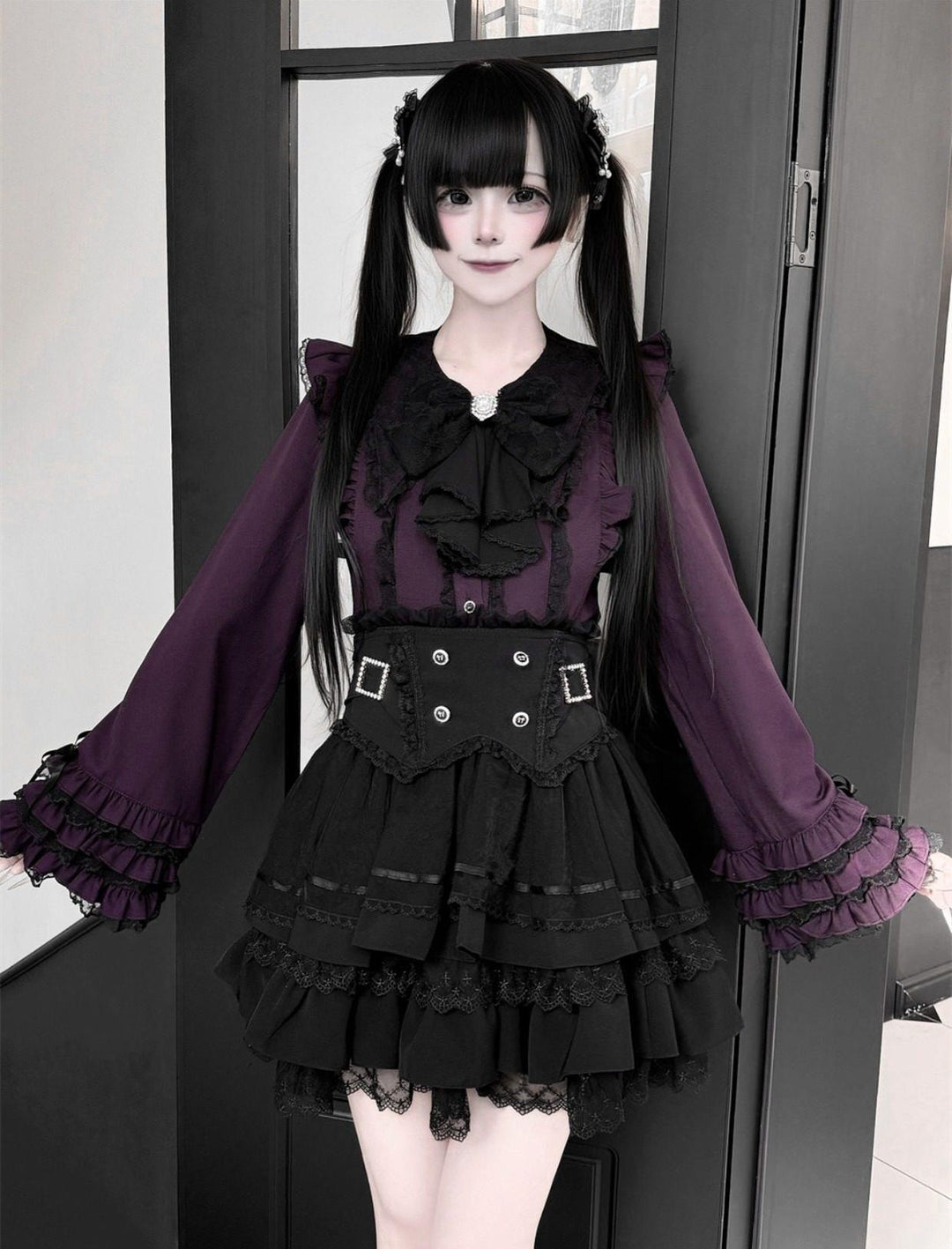 Jirai Kei Lace Blouse, High-Waist Tiered Skirt 44525:811451