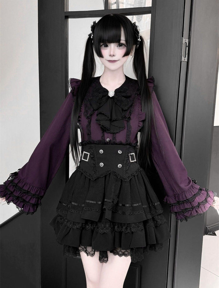 Jirai Kei Lace Blouse, High-Waist Tiered Skirt 44525:811451