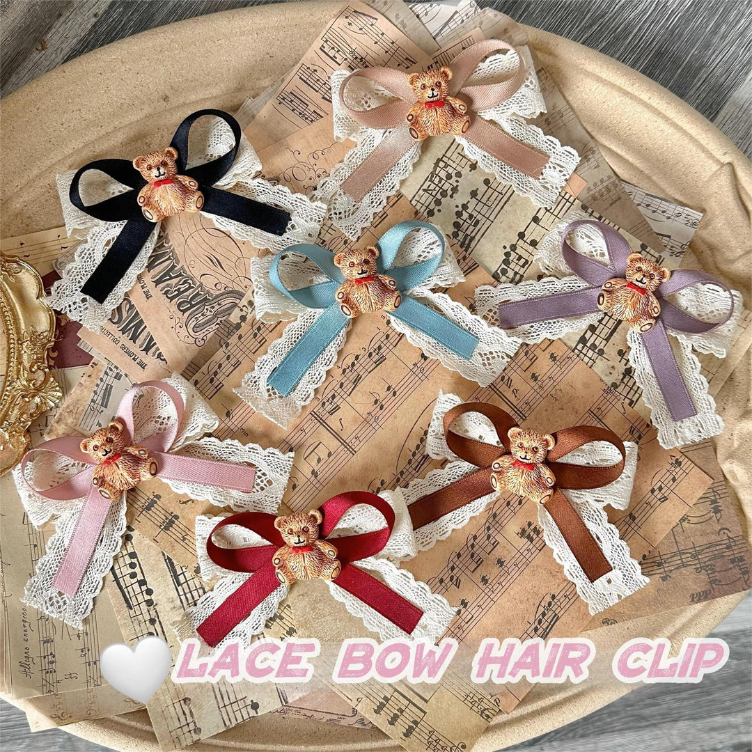 Lolita Hair Clips Bear Lace Bow Hair Clips Multicolor 32180:467304 32180:467304