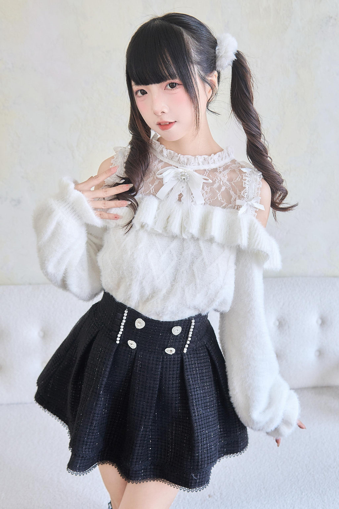 Jirai Kei Sweater Lace Frill Collar Knit Sweater With Bow (M) 41680:711716