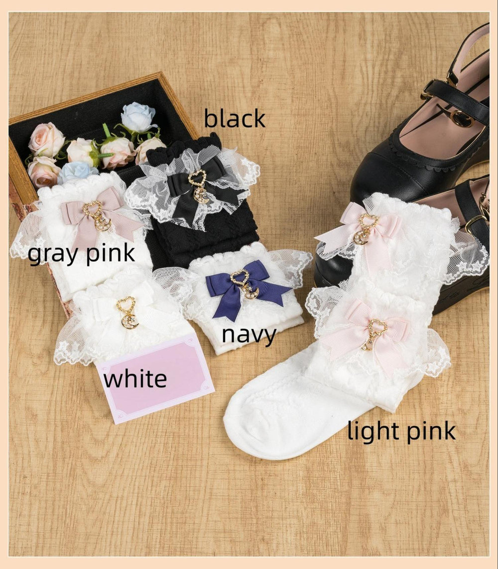 Cotton Ankle Length Lace Socks, Moon Pendant 44007:792573