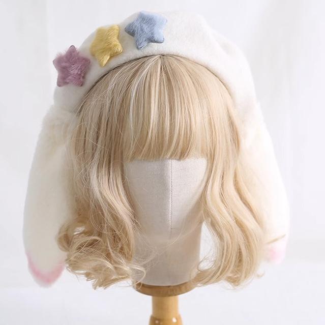 Lolita Japanese Sweet Bunny Ears Knit Painter White Hat 28932:344788 28932:344788