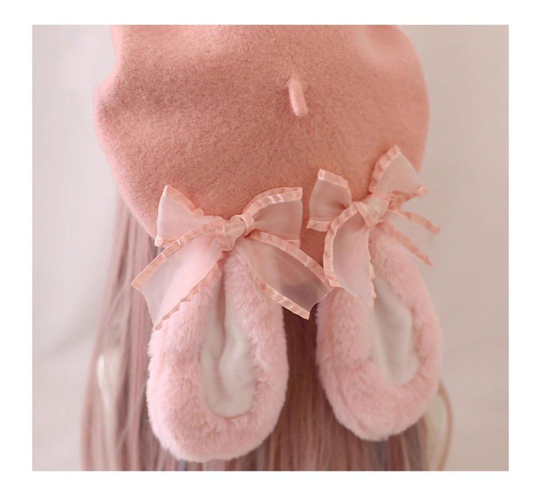 Jirai Kei Pink Hat Plush Rabbit Ear Bow Wool Beret 33804:447160 33804:447160