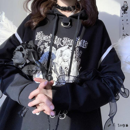 Jirai Kei Hoodie Black Top Angel Printed Hoodie Lace Up 37572:563142