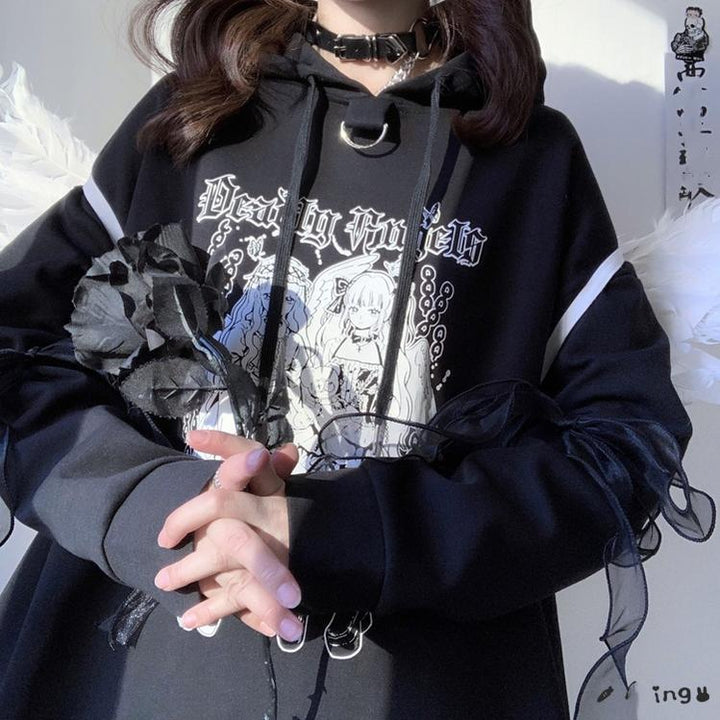 Jirai Kei Hoodie Black Top Angel Printed Hoodie Lace Up 37572:563142 37572:563142