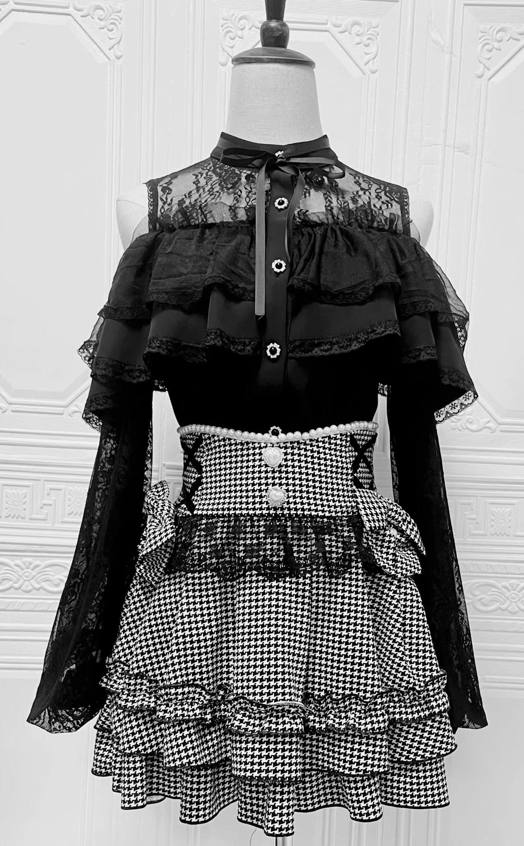 Jirai Kei Lace Skirt, Black Jacquard And Houndstooth Style 44163:801159