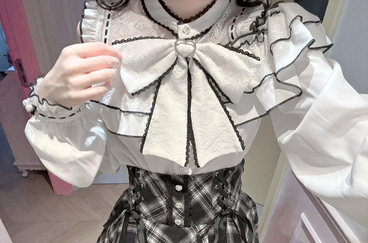 Jirai Kei Plaid Skirt, Ruffled Neckline Chiffon Blouse 45935:868738