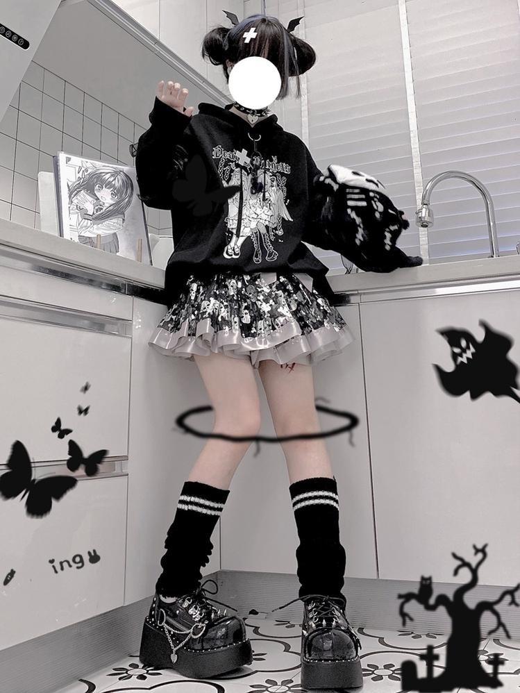 Jirai Kei Hoodie Black Top Angel Printed Hoodie Lace Up 37572:563122