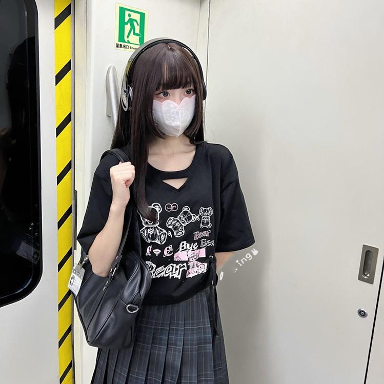 Jirai Kei T-shirt Bear Printed Short Sleeve Top For Summer 37570:563286