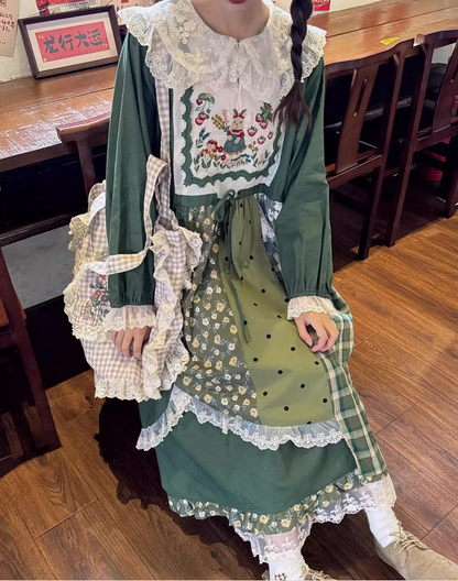 Cottagecore Dress Mori Kei Dress Green Floral Patchwork Dress 36226:525214