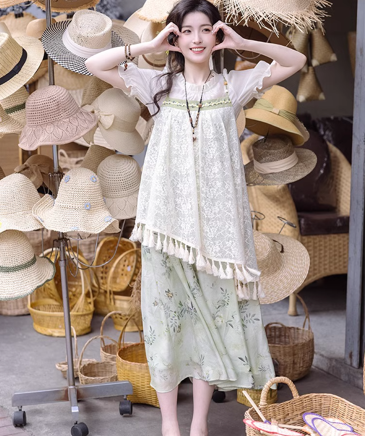 Cottagecore Dress Mori Kei Strap Dress Floral Dress With Tassels 36246:534482