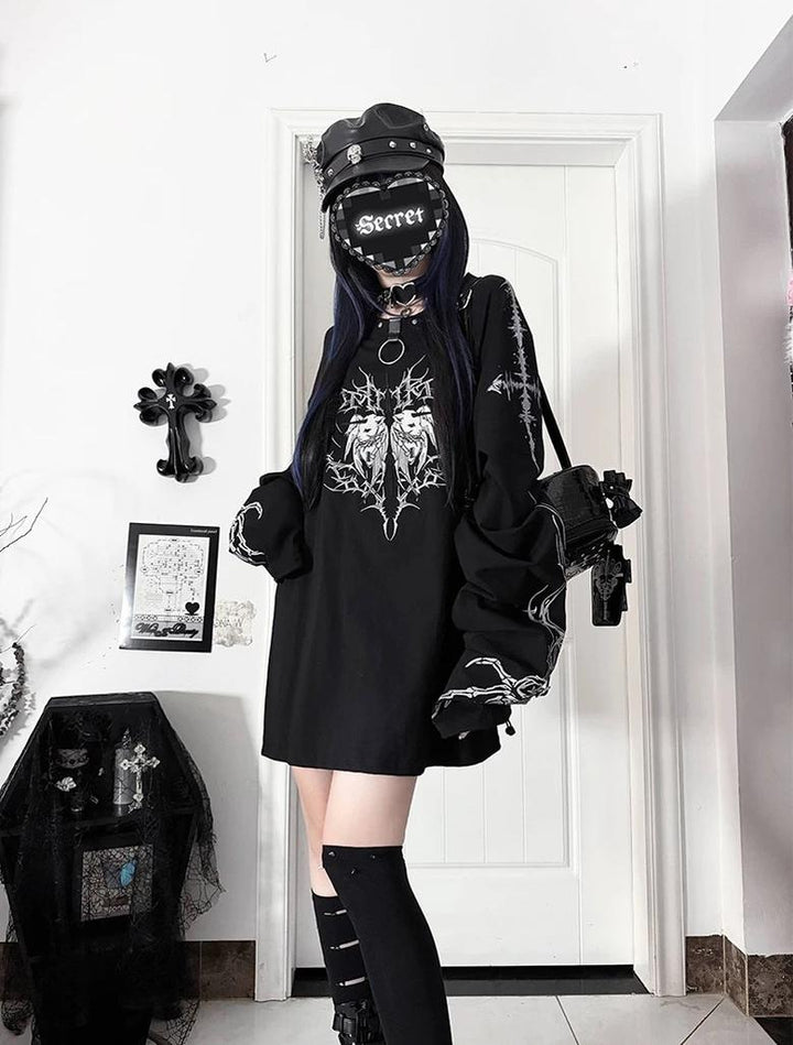 Gothic Long Sleeve Cotton T-Shirt, Demon Ram Embroidery 46062:875061