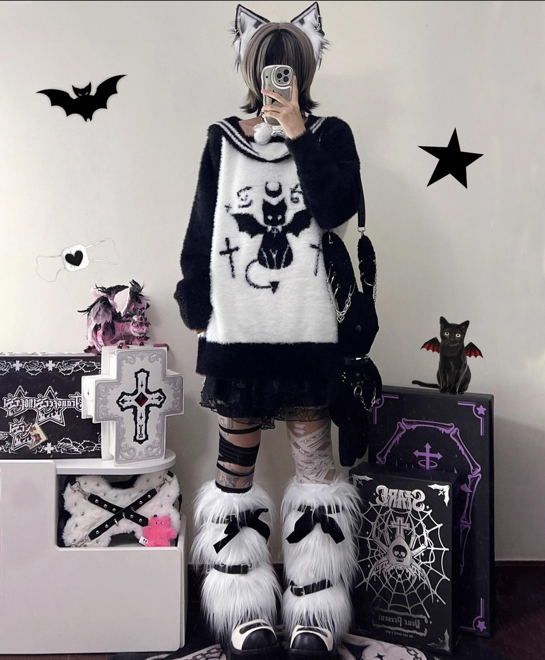 Jirai Kei Sweater Black White Devil Cat Sailor Collar Sweater 32632:409756 32632:409756