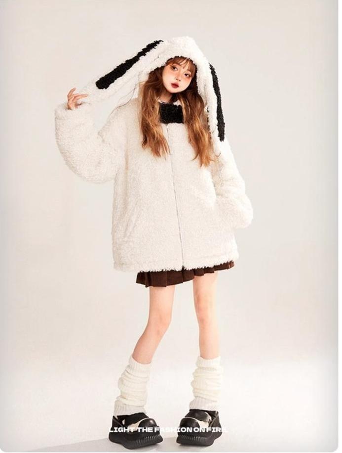 Kawaii White Coat Plush Rabbit Ear Hooded Coat 32398:426410 32398:426410