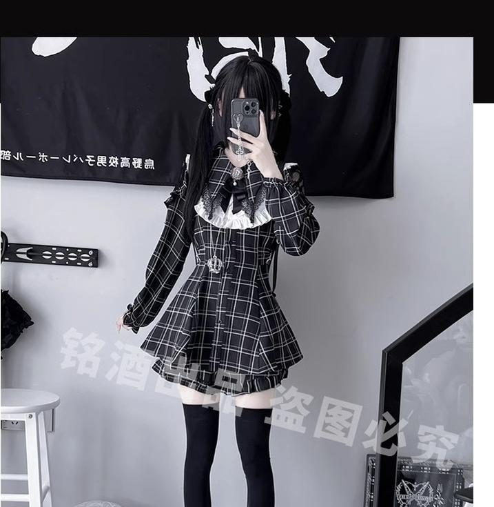 Jirai Kei Dress Set Black Plaid Dress With Puritan Collar (2XL L M XL) 39506:635890