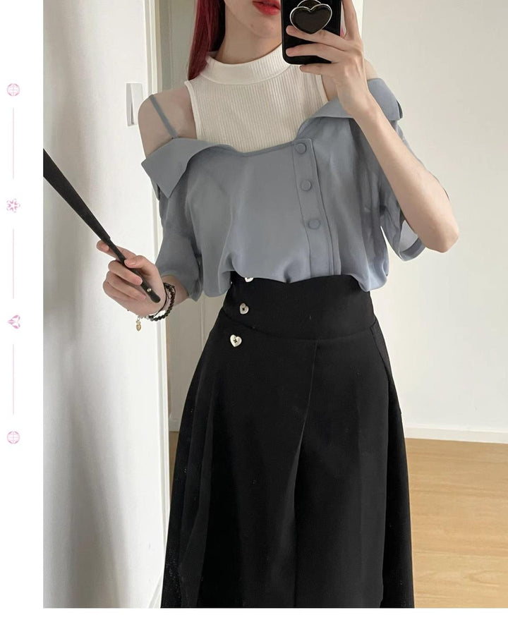 Elegant Outfit Set Chiffon Blouse Suspender Skirt Set 40238:663568