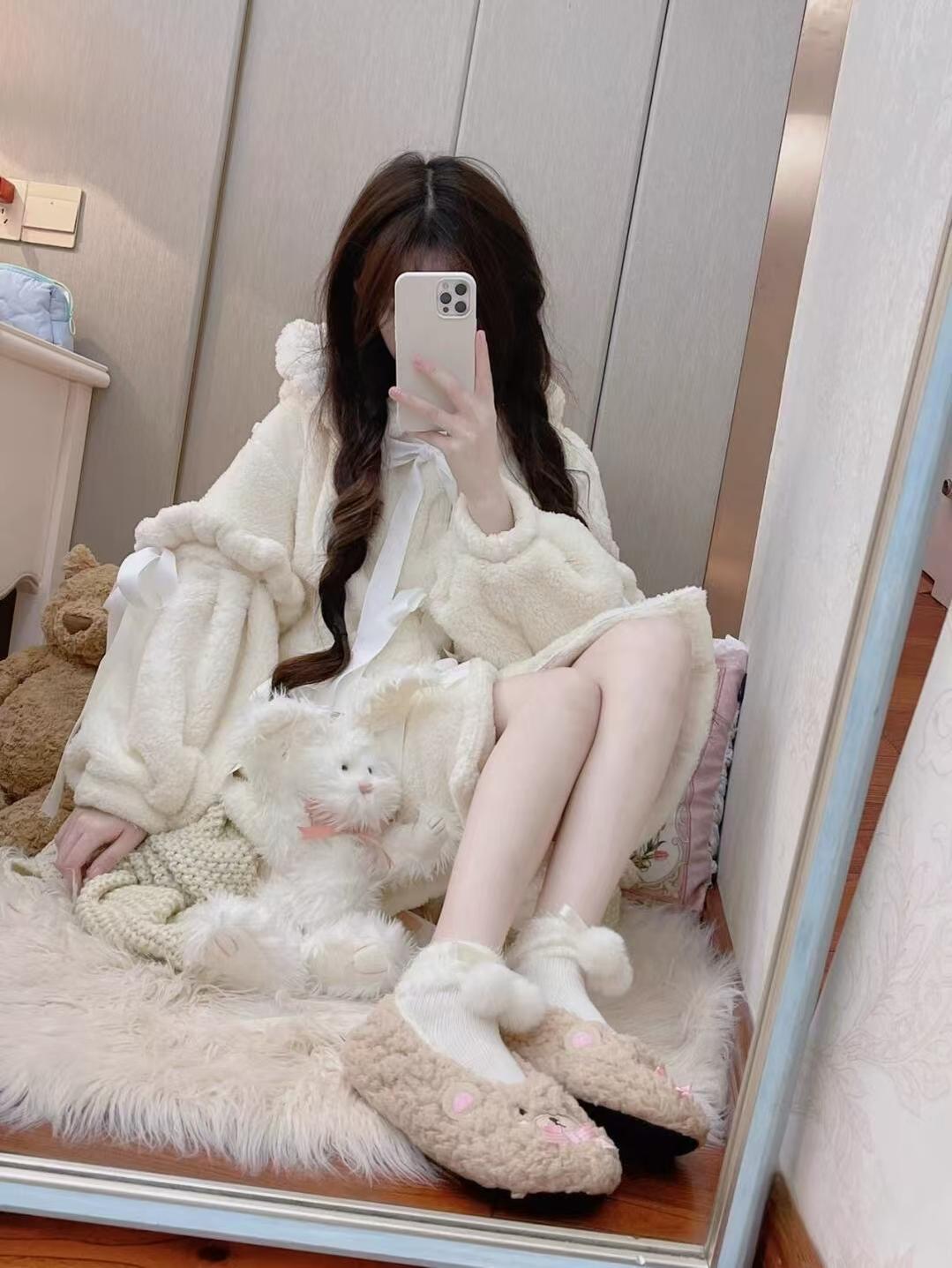 Sweet Lolita Coat Beige Plush Bunny Ear Long Coat For Winter 40292:678380