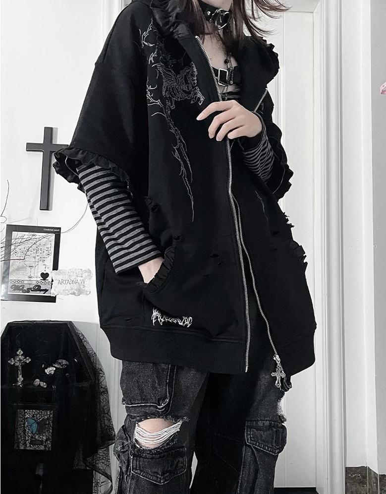 Punk Hooded Jacket, Ripped Details & Horse Embroidery 45939:871250