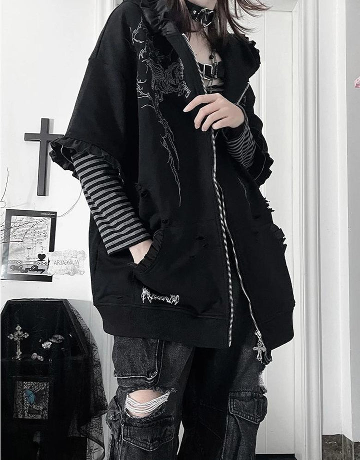 Punk Hooded Jacket, Ripped Details & Horse Embroidery 45939:871250