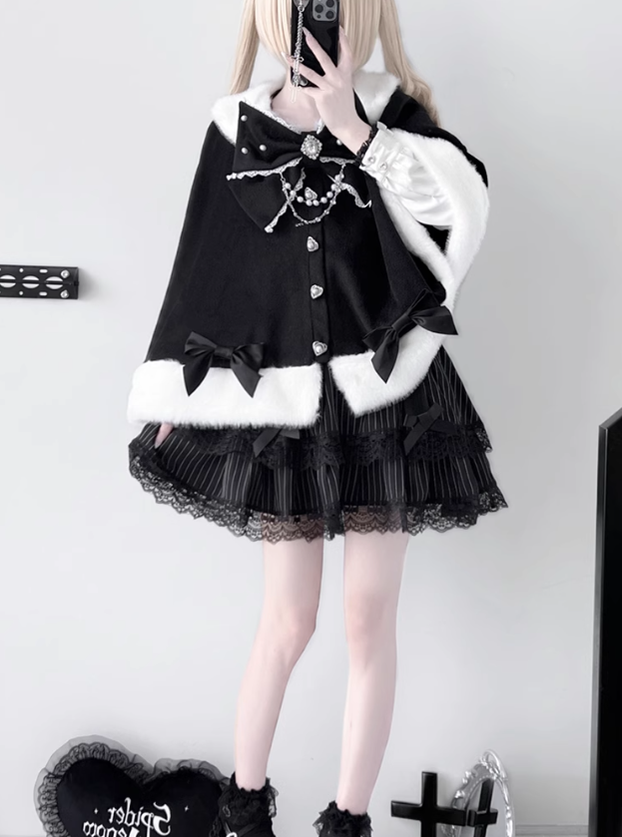 Jirai Kei Cape Plush Coat With Rhinestone Bow Knot 42149:731007