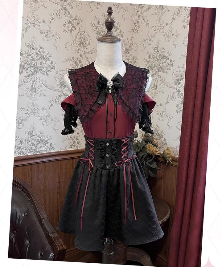 Black and Red Jirai Kei Set Up, Lace Pointed Collar 43726:783601