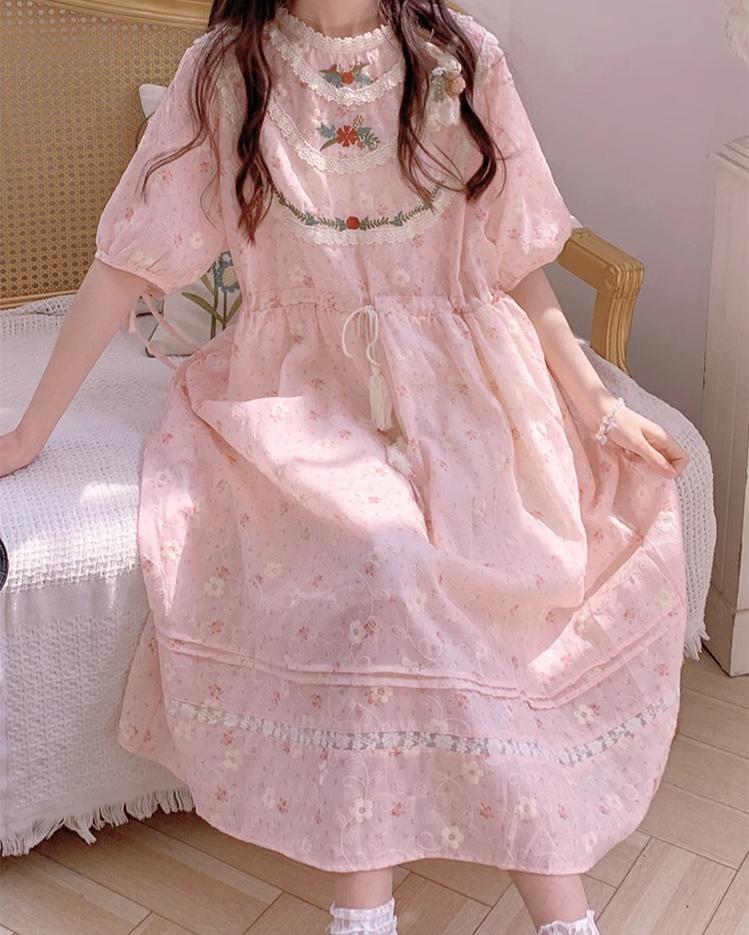 Mori Kei Dress Pink Floral Dress Short Sleeve Dress 36208:523670