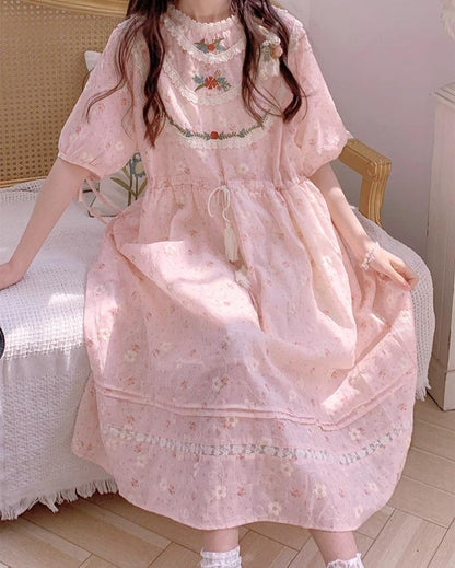 Mori Kei Dress Pink Floral Dress Short Sleeve Dress 36208:523670